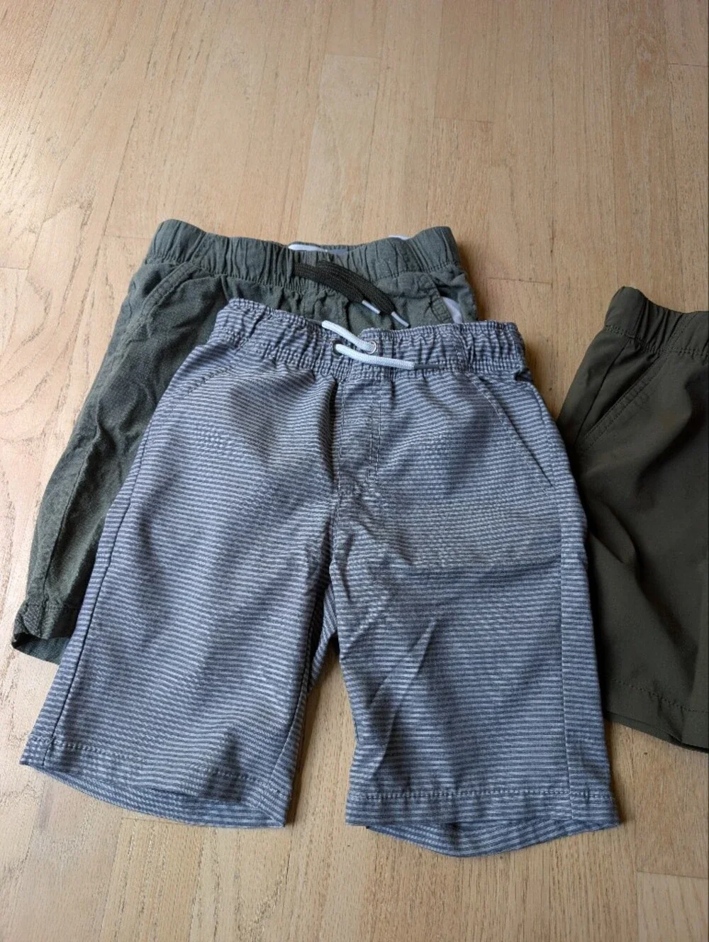 Old Navy Boys 3-Pack Shorts in Olive, Gray, and Striped Gray